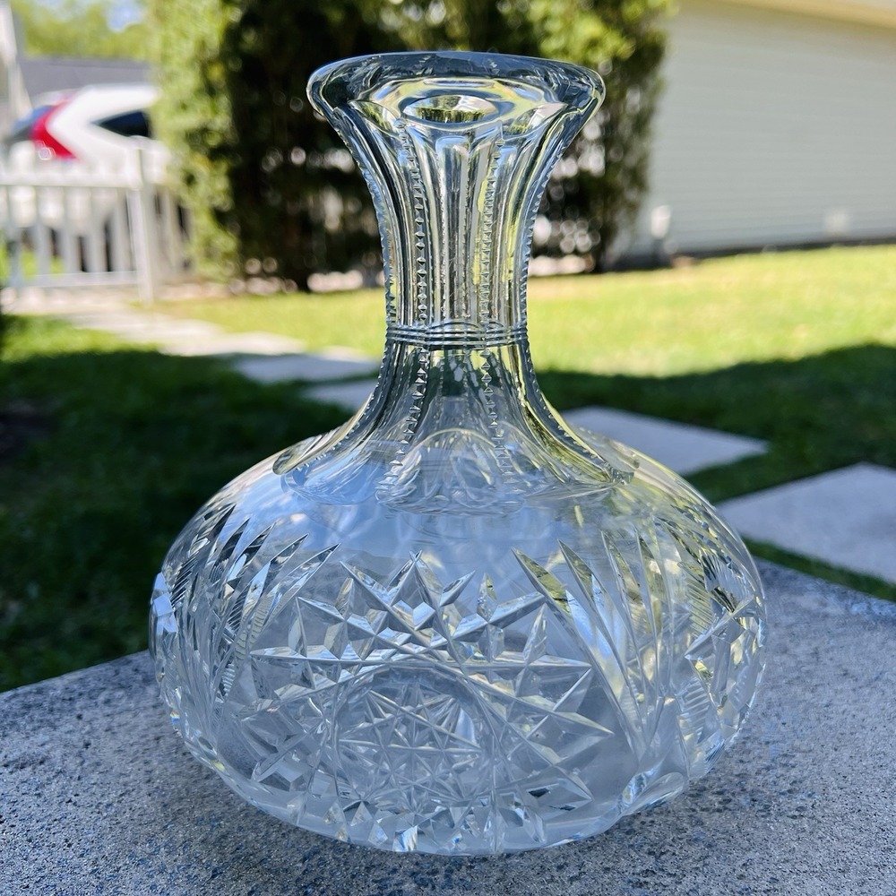 American Brilliant Cut Crystal Carafe Decanter Vase 7" Vintage ABP Water Hobstar